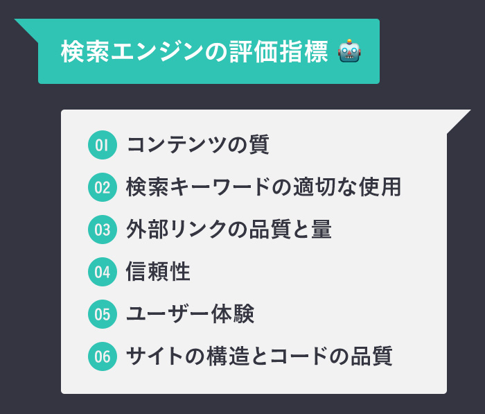 検索エンジンの評価指標の６つを説明